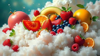 An imaginative and whimsical assortment of fresh fruits and berries nestled in soft, fluffy clouds.