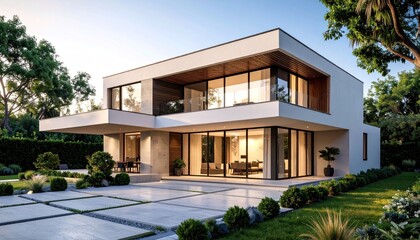 Fototapeta premium Elegant Modernist Villa with Wood Accents and Glass Walls Bathed in Sunset Light.