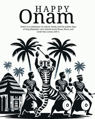 Naklejka premium Onam Festival Illustration – Kerala Cultural Celebration with Pookalam, Kathakali and Boat Race