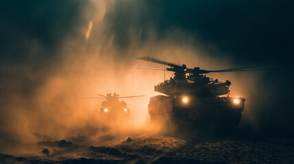 Indian Army tanks and helicopters in action, dramatic war zone effect with dust and light rays
