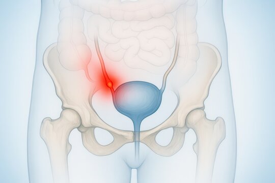Frontal anatomical view of lower abdomen with red glow at ureter-bladder junction, ideal for illustrating stone stuck at bladder entrance or lower urinary tract pain in clean clinical visuals.