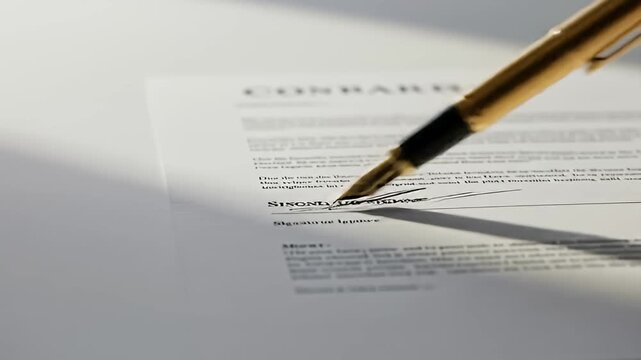 Close-up of a gold and black fountain pen poised to sign a document with blurred text