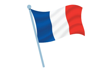 Vector illustration of waving French flag on flagpole with blue, white, and red vertical stripes in flat minimal design