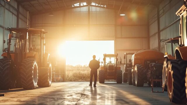 Farmer inspecting tractors in a barn during sunset in a rural landscape