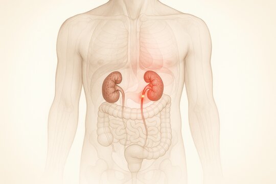 Frontal anatomical torso view with red glow along right ureter, for illustrating ureteral stone or obstruction in urinary tract causing radiating lower abdominal pain in clinical medical visuals.