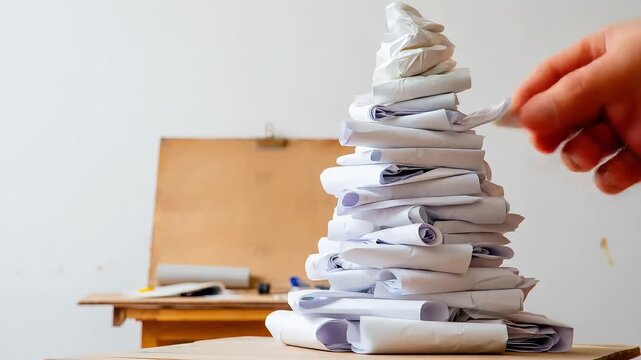 A time-lapse shows a hand adding more rolled papers to an already huge pile, symbolizing a growing workload and mounting pressure