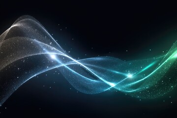 Abstract, glowing, wavy lines of light and particles against a dark background
