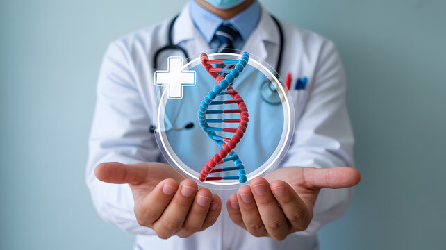 Doctor presents modern DNA helix for genetic research and innovative medicine