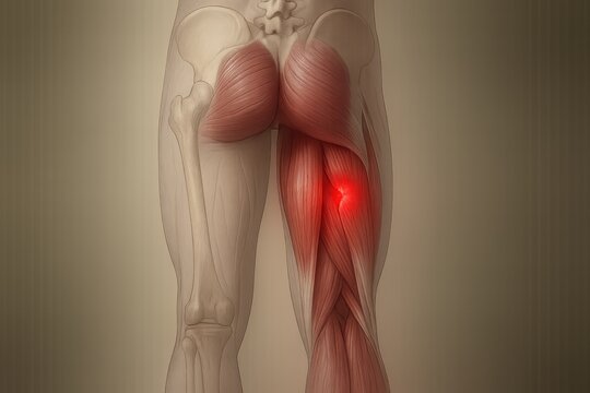 Posterior thigh anatomy with red glow at biceps femoris rupture near ischial tuberosity, ideal for illustrating hamstring strain or high-grade tear in sports and medical visuals.