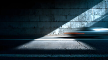 A fast-moving vehicle, depicted by motion blur, streaks across a road illuminated by a beam of light against a concrete wall.
