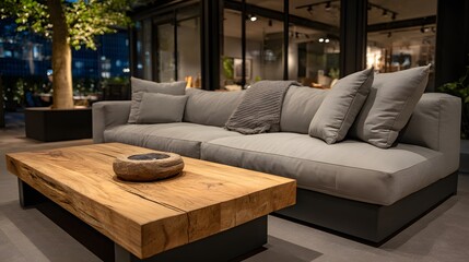 Obraz premium Light gray sectional sofa and a rustic wooden coffee table in a modern living area.