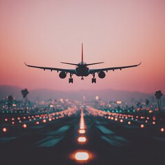 Fototapeta premium Airplane landing at dusk over city (6)