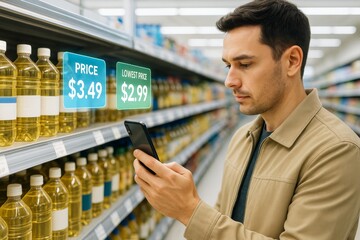 Man using smartphone to compare product prices with augmented reality in supermarket aisle, digital price tags concept on bright background. Ai generative