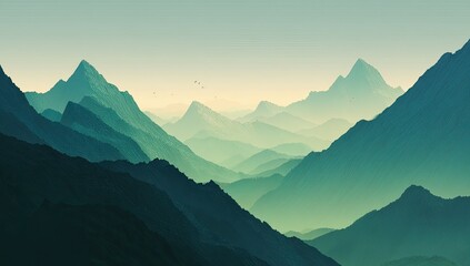 Misty mountain range, soft greens and blues