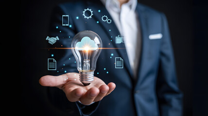 Cloud computing concept with lightbulb and businessman shows data solution success