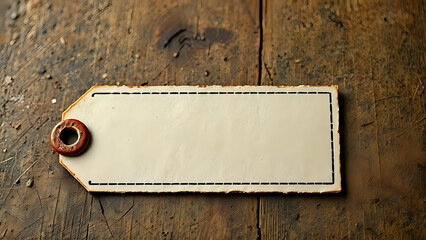 a vintage, blank paper tag with a stitched border and a wooden grommet on a rustic wood background.