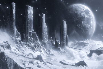 Ancient ruins of an alien civilization on a distant moon.