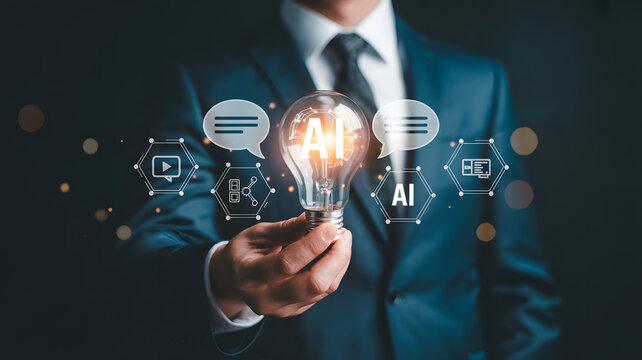 Innovative AI solutions concept presented with lightbulb in hand for business - Powered by Adobe