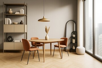 Contemporary minimalist dining room with wooden table, modern chairs, soft lighting, and neutral decor in bright high-rise interior space.