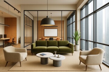 Modern office lounge with stylish furniture, floor-to-ceiling windows, and contemporary design elements in a professional setting.