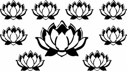 Nine lotus flowers arranged symmetrically with a larger flower in the center in black and white style