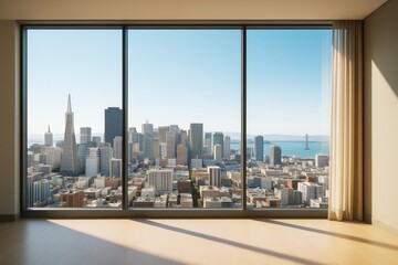 Fototapeta premium Bright modern empty room with large window view of city skyline and ocean in contemporary high-rise apartment interior during daylight.