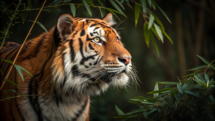 Fototapeta premium Close Up Portrait Majestic Tiger Wild Orange Black Stripes White Fur Green Bamboo Leaves Dark Background Wildlife Animal Nature Photography