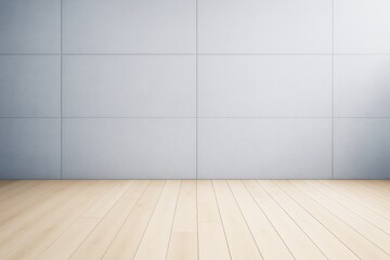 Minimalist empty modern room with light wooden floor and large tiled gray wall, clean interior background for branding or design mockup template.