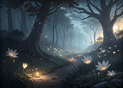 Enchanting Fantasy Forest Path Glowing White Flowers Illuminated Lantern Mystical Night Scene Dark Trees Fog Soft Light Magical Atmosphere