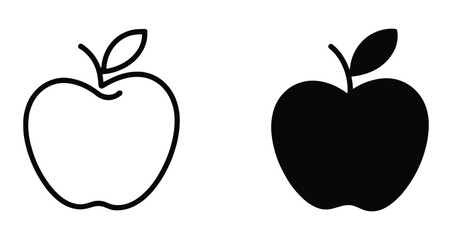 outline and solid black apple icons side by side, minimalist vector set representing nutrition, education, or design contrast concepts