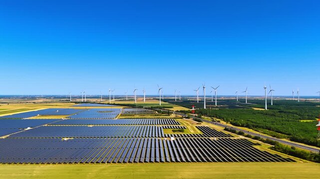 Alternative sources of energy in the rural area. Wind farms and solar panels in the countryside from aerial perspective.