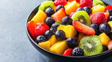 Obraz premium A vibrant bowl of assorted fresh fruits, including strawberries, kiwis, blackberries, and more, arranged beautifully for a healthy and colorful snack.