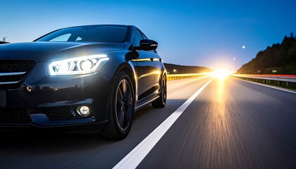 Dark car on highway at sunset