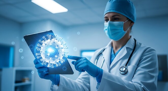 Medical professional examines virus hologram doctor