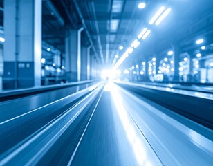 Obraz premium High-Tech Conveyor Belt in Blue-Toned Industrial Interior – Motion Perspective
