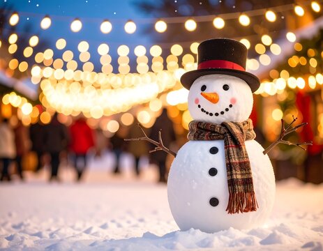 Festive snowman in snowy market