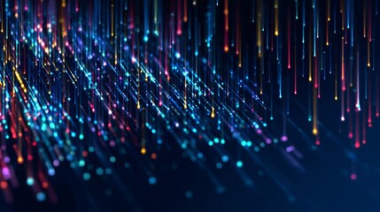 Abstract data flow with binary code and colorful lines on a dark blue background, vector illustration. 8K, real photo, photography in the style of [Artist name]. 