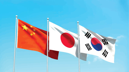 china, japan, and south korea flags waving together against clear blue sky, symbolizing east asian unity, diplomacy, and cultural harmony