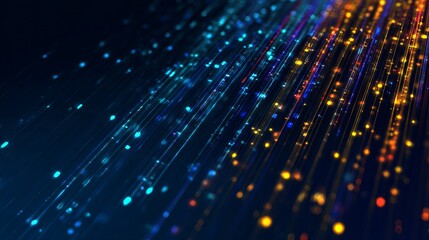 Abstract data flow with binary code and colorful lines on a dark blue background, vector illustration. 8K, real photo, photography in the style of [Artist name]. 