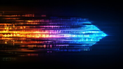 Abstract data flow with binary code and colorful lines on a dark blue background, vector illustration. 8K, real photo, photography in the style of [Artist name]. 
