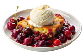 delicious plate of cherry cobbler with vanilla ice cream image isolated on a transparent background