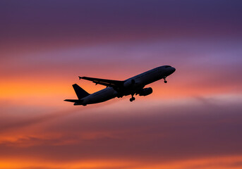 Silhouette of a commercial airplane taking off against a vibrant purple and orange sunset.