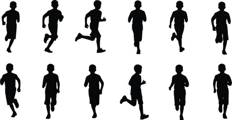 Silhouette collection of boys running, child jogging vector illustrations, active kids in motion, fitness and sport activity black graphic set