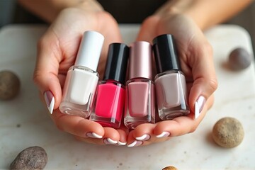 Elegant Female Hands Holding Modern Nail Polish Bottles in 2025 Style