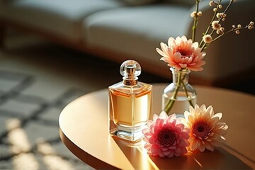 Elegant Glass Perfume Bottle with Floral Accents on Wooden Table � Romantic Interior Aesthetic