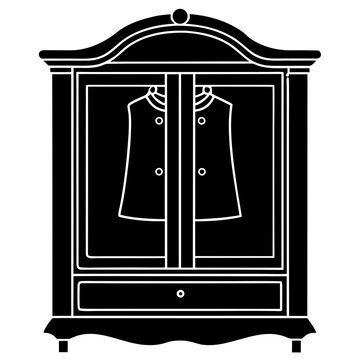 Black wardrobe with coat inside closet cabinet