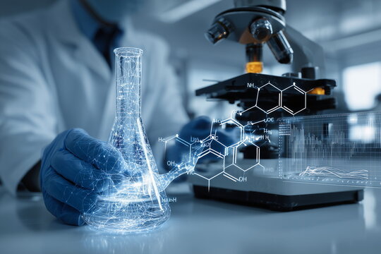 Science illustration with chemical compound structural formula, conical flask and chemical, microscope and scientist.