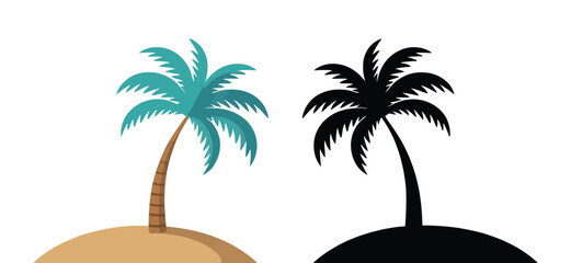 cartoon illustration of two palm trees on small mounds, one colored and one silhouette, minimal tropical icon ideal for vacation or nature themes