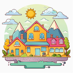 A cheerful cartoon illustration of colorful houses in a small village, set against a mountain landscape under a bright sun.