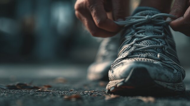 A male runner is tying his shoes before a run